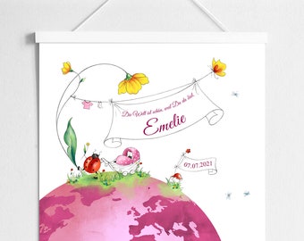 personalisiertes Poster zur Geburt • Poster Baby Mädchen • "Die Welt ist schön, weil Du da bist!"
