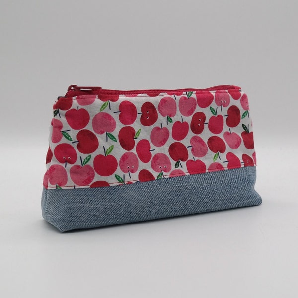 Estuche estuche neceser manzanas pequeño rojo upcycling jeans