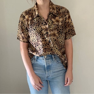 Anna and Frank Vintage Silk Leopard & Floral Brown Button-Down Blouse