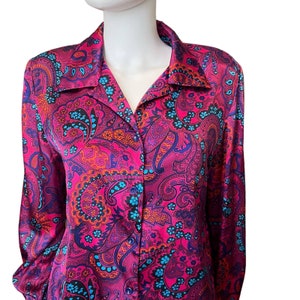 Vintage Joan Leslie Magenta Psychedelic Paisley Pyjama 1970er Bluse, 12 L