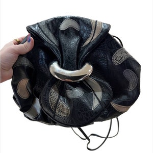 VINTAGE 80s Black Faux Leather Patch Round Flap Buckle Shoulder Bag