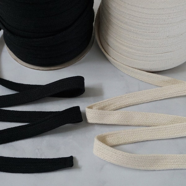 Flat Cotton Drawstring Cord Trim | 3/8 inch (10mm) or 1/2 inch (13mm) | Natural Beige White or Black | 100% Cotton Hoodie Sweatshirt String