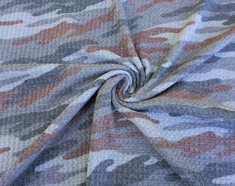 Waffle Knit Fabric Camo Print Gray Brown Black | 62 inch width | Poly Rayon Spandex | Half Yard or 1 Yard