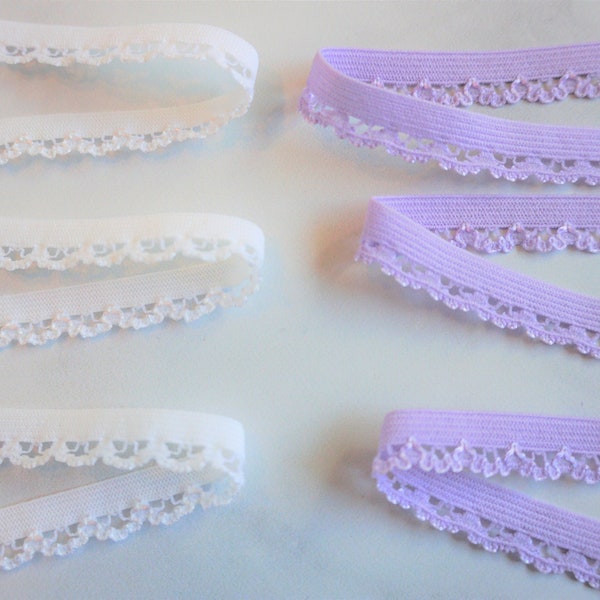 Picot Elastic 3/8" inch (9mm) Scalloped Edge | White or Lavender | By the Yard | Elastic for Lingerie, Underwear, Bra Making