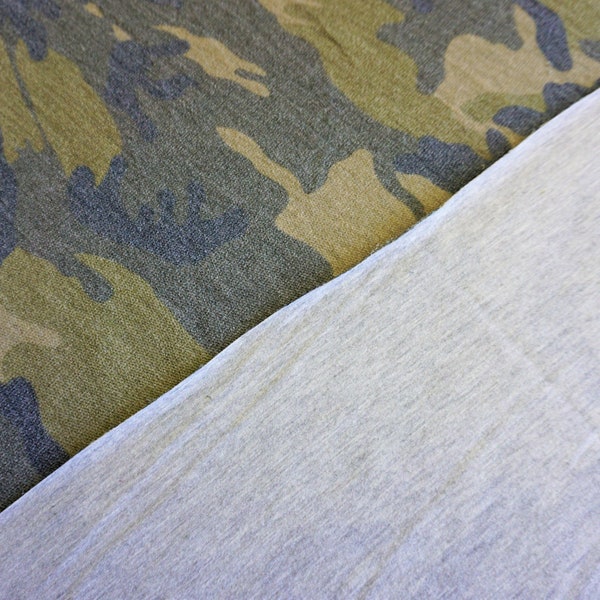 French Terry Reversible Fabric Green Camo Print & Light Grey Heather | 61 inch width | Poly Rayon Cotton | Sold by Half Yard or 1 Yard