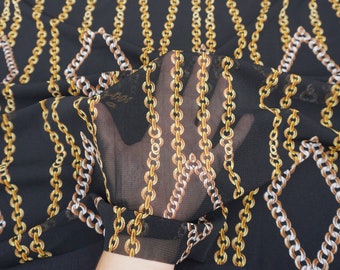 Power Mesh Fabric Black & Gold Chain Print | 60" width | 4 Way Stretch Nylon Spandex | Half Yard or 1 Yard