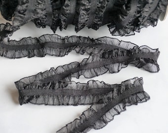 Double Ruffle Elastic Organza Trim Black | 1 inch (25mm) | By the Yard | Decorative Elastic | Black or White