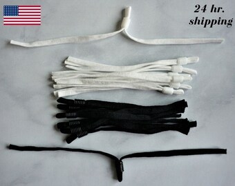 Pre-cut Elastic for Face Mask | One Size Fits All | Soft Elastic Ear Loop Pairs with Cord Adjuster | 1/8 inch (5mm) White or Black