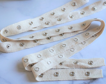 Snap Tape 3/4" Natural Cotton Twill Tape Beige, White or Black | Silver Metal Snaps Spaced 1" Apart | By the Yard | 12 Ligne Snap Fasteners