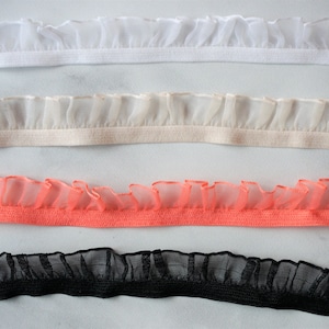 Ruffle Elastic Organza Trim | 5/8&quot; inch 15mm | By the Yard | Decorative Elastic | Black, White, Beige & Coral Pink