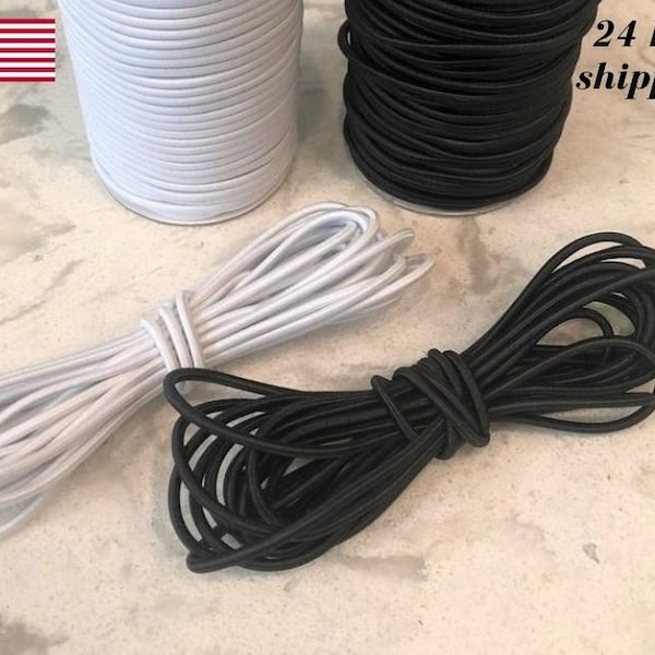 Elastic Cord 3mm 1/8" inch / White or Black / By the Yard / Elastic cord for masks