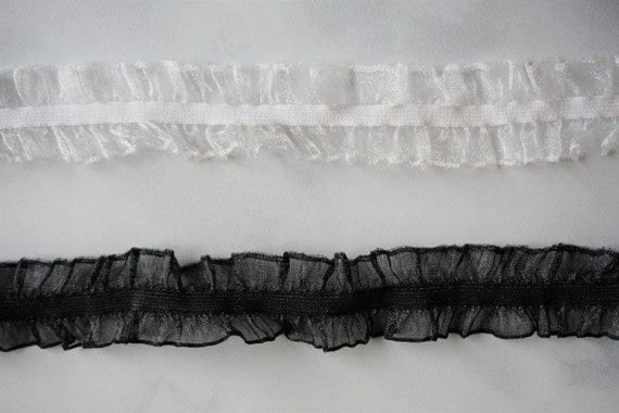 Double Ruffle Elastic Organza Trim White | 1 inch (25mm) | By the Yard | Decorative Elastic | Black or White