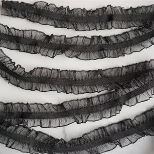 May include: Black ruffled trim ribbon. The ribbon features a sheer, ruffled edge with a darker, solid center. This decorative trim is suitable for various craft and sewing projects.