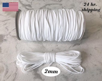 Soft Plush White Elastic Cord round 2mm 1/8' inch | Nylon Elastic for Mask | By the Yard
