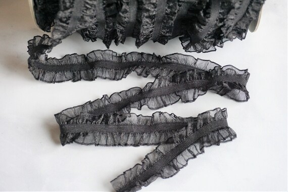 Double Ruffle Elastic Organza Trim Black | 1 inch (25mm) | By the Yard | Decorative Elastic | Black or White