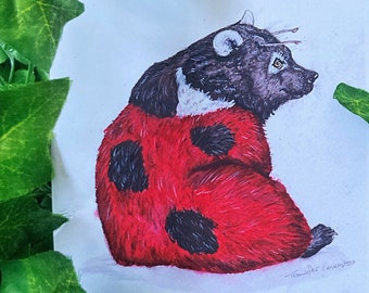 May include: A watercolor painting of a black bear wearing a red ladybug costume with black spots. The bear is sitting on its haunches and looking to the right. The painting is signed "Trawler Cowles" in the bottom right corner.
