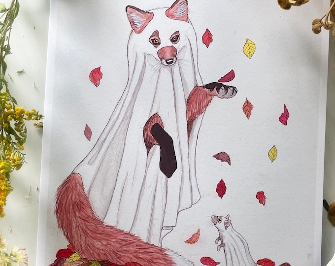 Halloween Critters, Art Prints, Red Fox Art, Cute Mouse, Watercolor Painting, Sheet Ghosts, Autumn Decor, Cute Animals, Best Friend Gifts