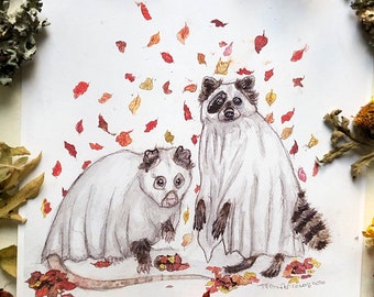 Trash Ghosts, Art Prints, Opossum Art, Raccoon Art, Watercolor Painting, Funny Animal Art, Opossum Lovers, Halloween Art, Ghosts, Trash Cats