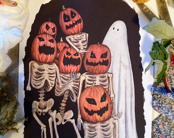 カボチャ人形、アートプリント、ゴーストアート、ハロウィンの壁飾り、スケルトンアート、カボチャアート、水彩画、シートゴースト、不気味なアート