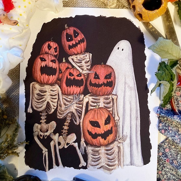 Pumpkin People, Art Prints, Ghost Art, Halloween Wall Decor, Skeleton Art, Pumpkin Art, Watercolor Painting, Sheet Ghosts, Spooky Art