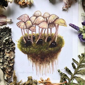 キノコの精霊、アートプリント、水彩画、キノコアート、魔女アート、気まぐれな森のアート、自然の森、庭の魔女アート