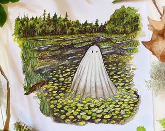 Haunted Lake, Art Prints, Ghost Art, Halloween Art, Forest Art, Watercolor Painting, Witch Art, Sheet Ghosts, Spooky Art, Cottagecore Art