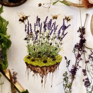 May include: A watercolor illustration of a small, green, mossy island with a cluster of lavender flowers and bumblebees. The island is floating in the air and has roots hanging down.