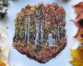 Autumn Skeleton, Art Prints, Skeleton Art, Ghost Art, Autumn Art, Watercolor Painting, Halloween Decor, Gothic Art, Memento Mori, Autumn