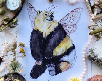 Bumble Bear, Art Prints, Watercolor Bear, Bumblebee Painting, Bee Art, Cute Animal Decor, Bear Nursery Art, 5x7, 8x10, Wall Art Prints