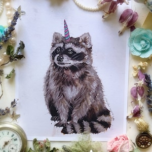 Unicorn Raccoon, Raccoon Print, Unicorn Art, Watercolor Painting, Raccoon Nursery Art, Art Print, Raccoon Art, Woodland Nursery