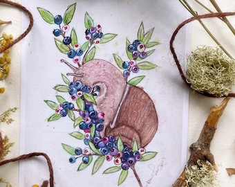 Blueberry Snail Art Print, Nature Watercolor, Whimsical Woodland Wall Art, Cottagecore Aesthetic, Poster Print, 4x7 5x7 8x10 Poster Prints