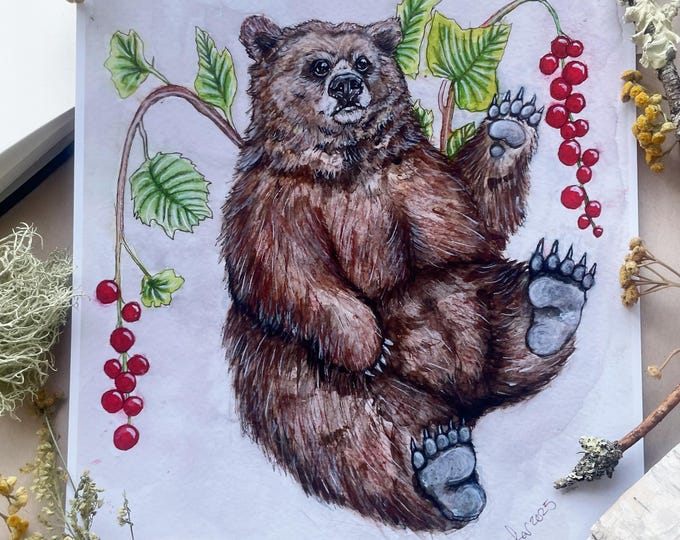 Brown Bear Art Prints, Watercolor Painting, Cute Animal Art, Red Currants, Woodland Nursery Art, Grizzly Bear, 4x6 5x7 8x10 Prints