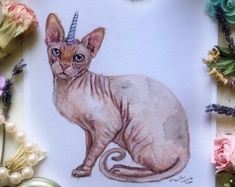 Unicorn Sphynx, Art Prints, Cat Art, Unicorn Art, Cat Lovers, Animal Print, Hairless Cat, Funny Pet Decor, Sphynx Cat, Cat Gifts