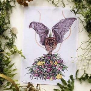 Floral Bat, Art Prints, Watercolor Painting, Bat Art, Witch Art, Woodland Art, Nature Art, Halloween Art, Cottagecore Art, Witch Home Decor