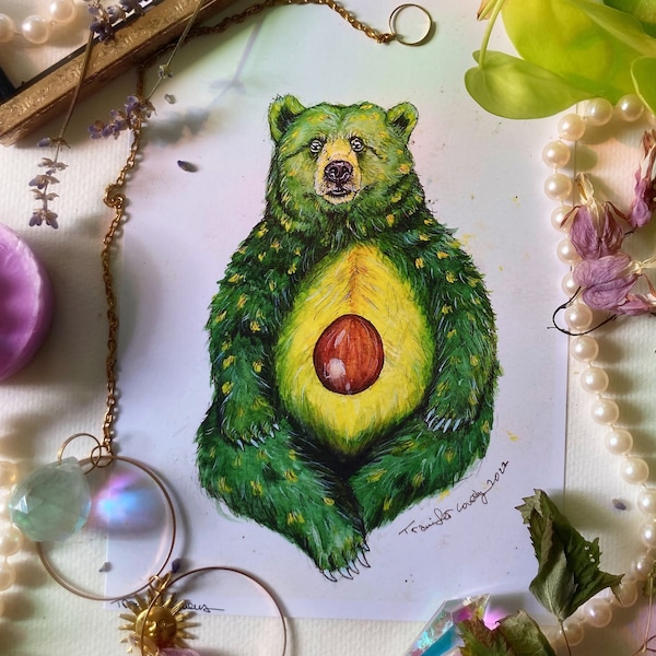 Avocado Bear Prints, Art Print, Cute Avocado Art, Bear Art, Animal Decor, Bear Nursery Art, 5x7, 8x10, Wall Art Prints, Kitchen Art Prints