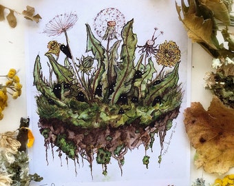 Dandelion Spirits, Art Prints, Watercolor Painting, Floral Art, Witch Art, Whimsical Art, Nature Art, Fairy Garden, Flower Painting