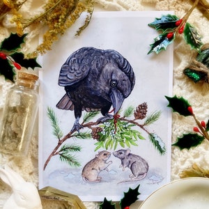 May include: A watercolor illustration of a black crow perched on a branch with red berries. Two small gray mice are on the ground below the crow, looking at each other. The illustration is on a white background with a handwritten signature in the bottom left corner.