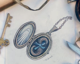 Haunted Locket, Original Paintng, Ghost Art, Hair Locket, Halloween Art, Watercolor Painting, Sheet Ghosts, Spooky Art, Mourning Jewelry