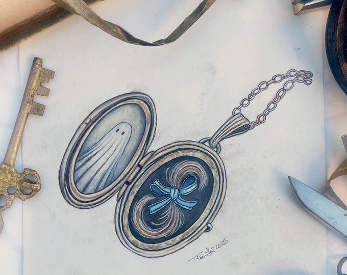 Haunted Locket, Original Paintng, Ghost Art, Hair Locket, Halloween Art, Watercolor Painting, Sheet Ghosts, Spooky Art, Mourning Jewelry