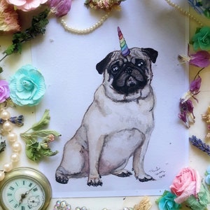 Unicorn Pug, Art Print, Fun Wall Art, Unicorn Art, Watercolor Painting, Dog Wall Art, Art Print, Pug Painting, Pug Art, Pug Lovers, Dog Art