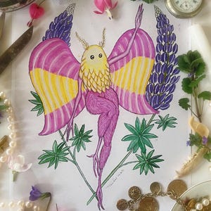 Rosy Maple Mothman, Art Prints , Mothman Cryptid, Cryptozoology Art, Cryptid Home Decor, Cottagecore Art, Rosy Maple Moth, Weird Wall Art
