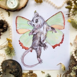 Fairy Opossum, Art Prints, Opossum Art, Possum Gifts, Witch Home Decor, Fairy Garden, Woodland Critter Art, Fairy Wall Art, Cute Animal Art