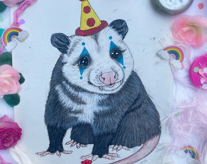 Clown Possum, Original Watercolor Painting, Opossums, Cute Animals, Possum Art, Clowncore, Funny Art, Clown Home Decor, Opossum Wall Art