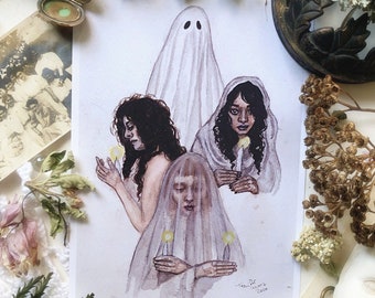 Séance Print, Witch Art, Watercolor Painting, Ghost Art, Spooky Art, Halloween Art, Witch Home Decor, Occult Art, Pagan Art, Watercolor Art