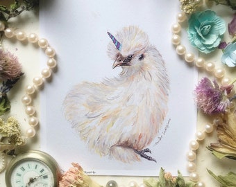 Unicorn Chicken, Chicken Print, Unicorn Art, Chicken Watercolor, Chicken Art Print,  Chicken Art, Chicken Nursery Art, Silkie Chicken