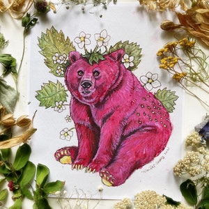 Stawberry Bear Prints, Art Print, Watercolor Painting, Bear Art, Cute Animal Decor, Bear Nursery Art, 5x7, 8x10, Wall Art Prints, Strawberry