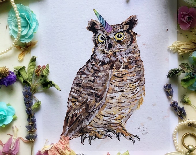 Unicorn Owl Print, Fun Fantasy Animal Art, Watercolor Painting, Bird Art Print, Cute Animal Wall Art, Whimsical Art, Owl Art, Owl Painting