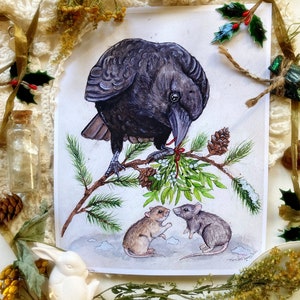 May include: A black crow perched on a snow-covered pine branch with red berries. Two small gray mice are standing on the ground below the branch, looking at each other.