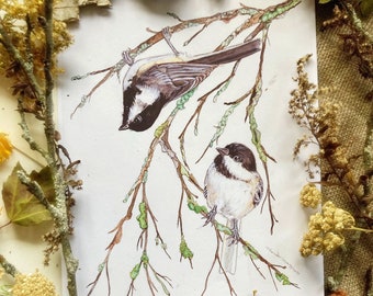 Chickadees Prints, Art Prints, Bird Painting, Nature Art, Bird Watercolor, Chickadee Wall Art, Wildlife Decor, Woodland Nursery, Cute Birds