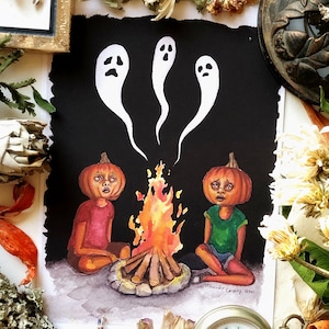 Ghost Stories Print - Halloween Wall Art, Pumpkin Art, Jack o Lantern Art, Watercolor Painting, Art Prints, Spooky Art, Cute Art